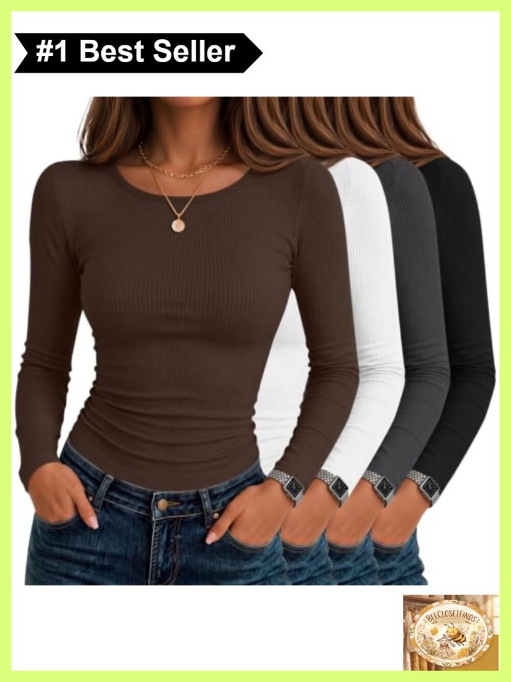 Womens Ribbed Long Sleeve Slim Fit Crew Neck Tee 4 Pack Stretch Cotton